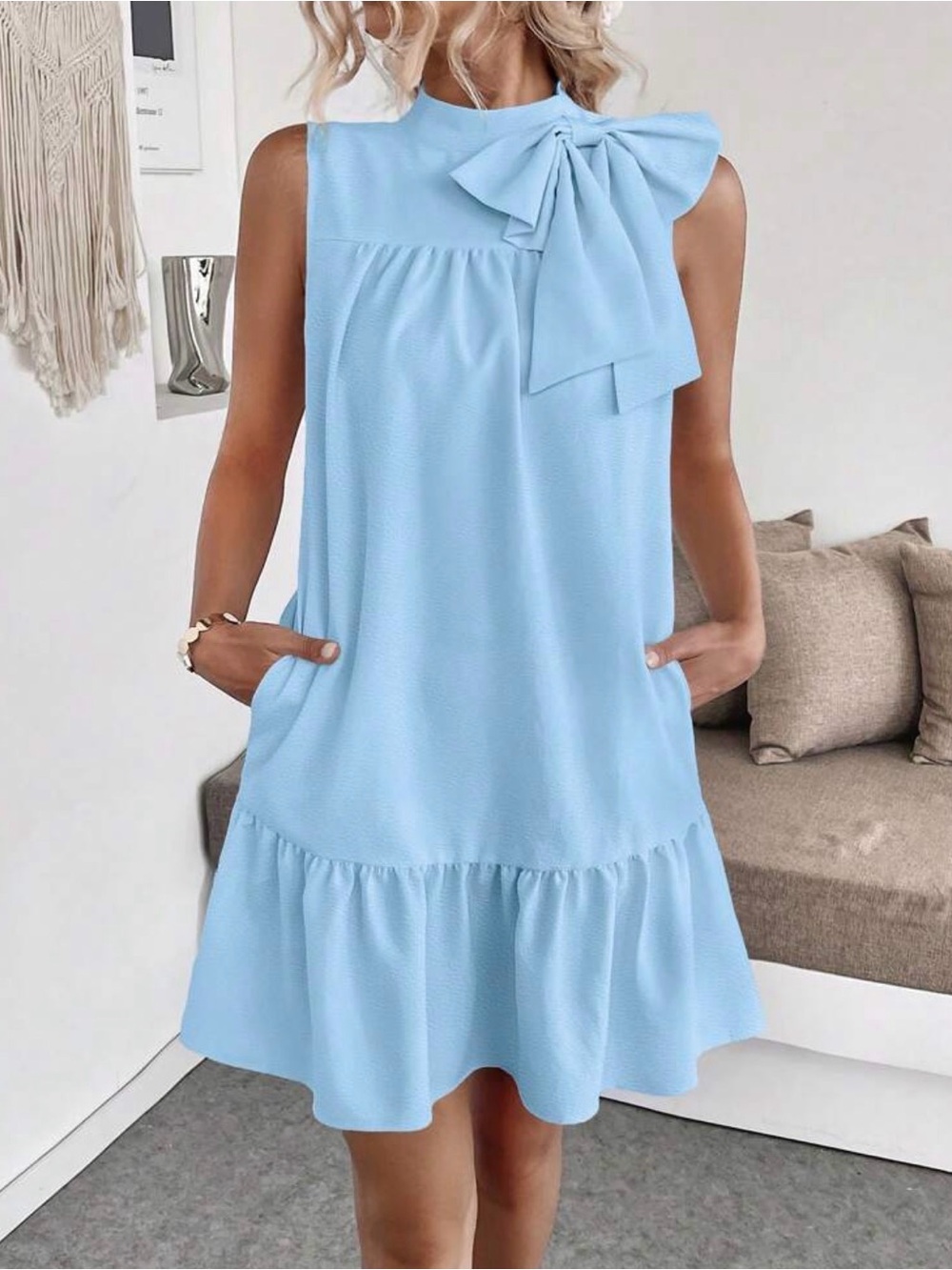 Sleeveless Light Blue Bow-Accent Women's Dress
